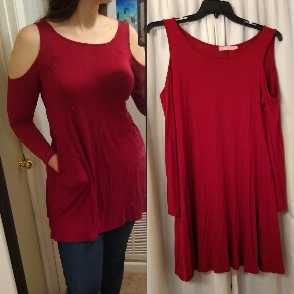 Cranberry Cold Shoulder Pockets Tunic Mini Dress